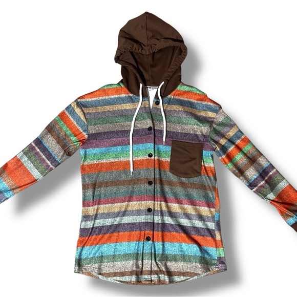 Striped Multicolor Button Up Brown Hood and Front Pocket Long Sleeve Sweater - Picture 2 of 16